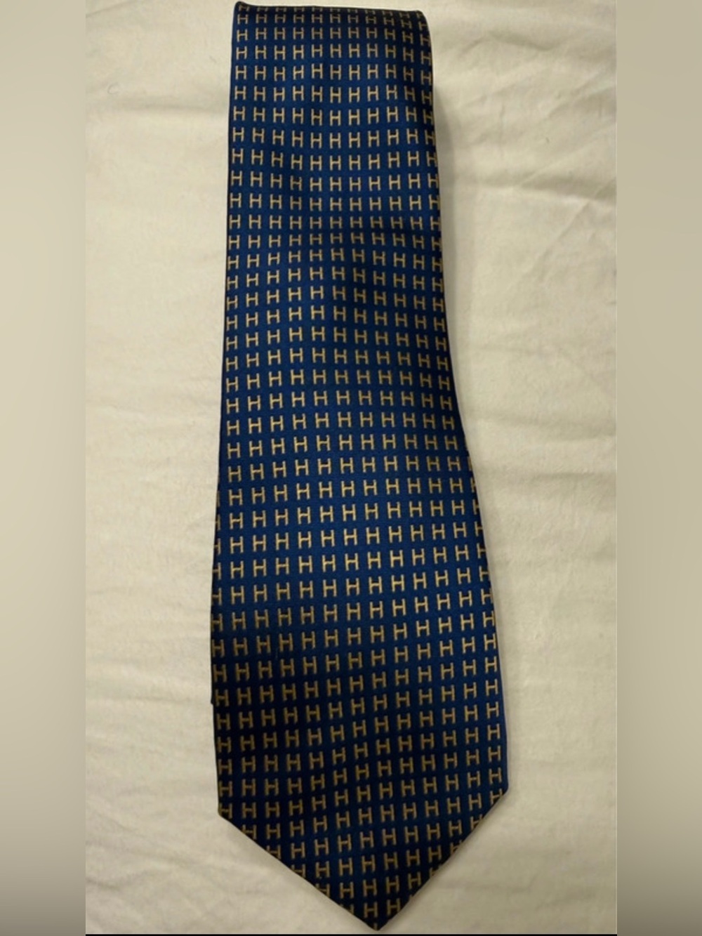 Hermes Paris Mens Blue Gold H Monogram Print Silk Tie Made in France $495